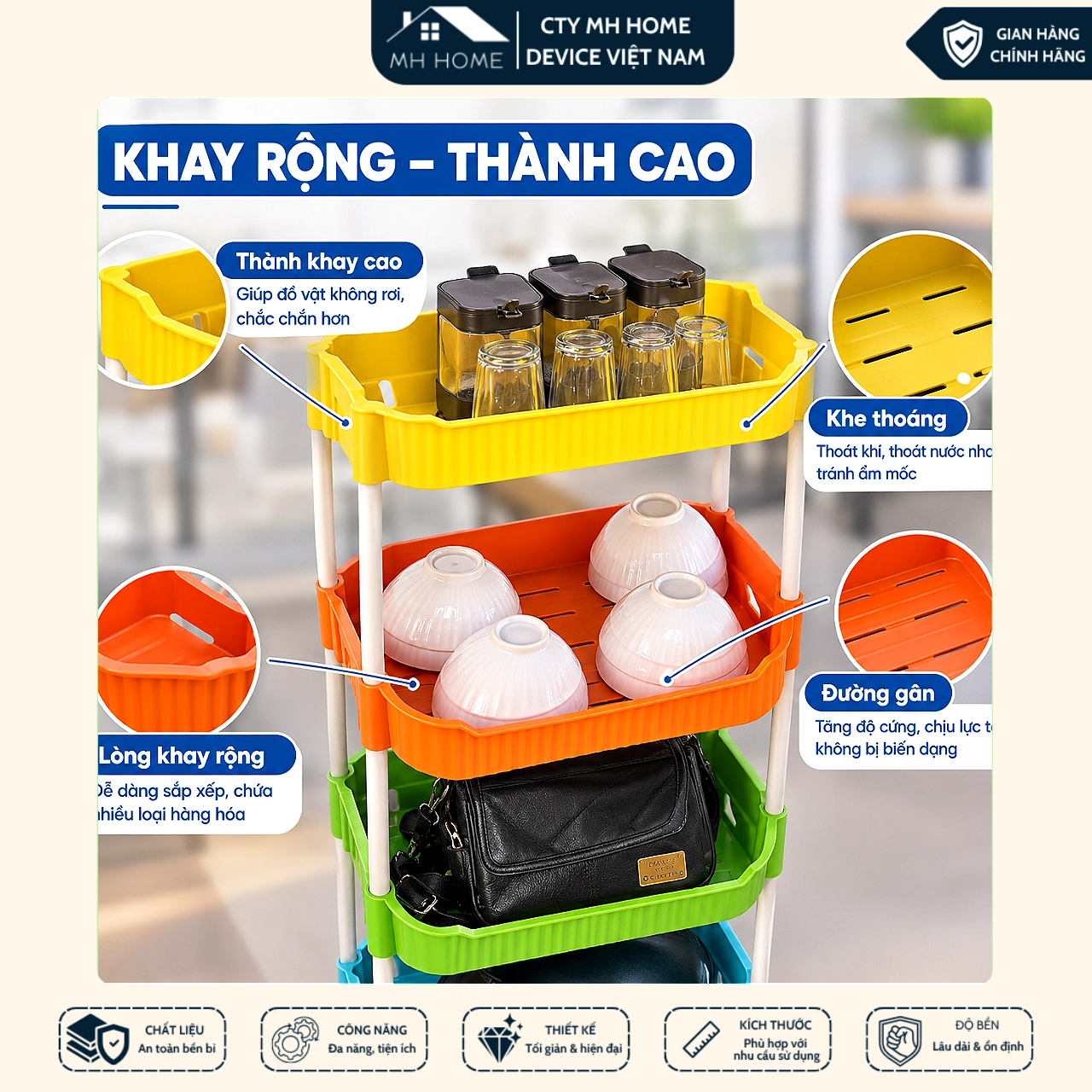 Kệ Đa Sắc Để Đồ 4 Tầng Đa Năng Có Bánh Xe Xoay 360° Nhiều Màu Bắt Mắt, Kệ Đựng Gia Vị Nhà Bếp, Kệ Để Đồ Nhà Tắm Thoát